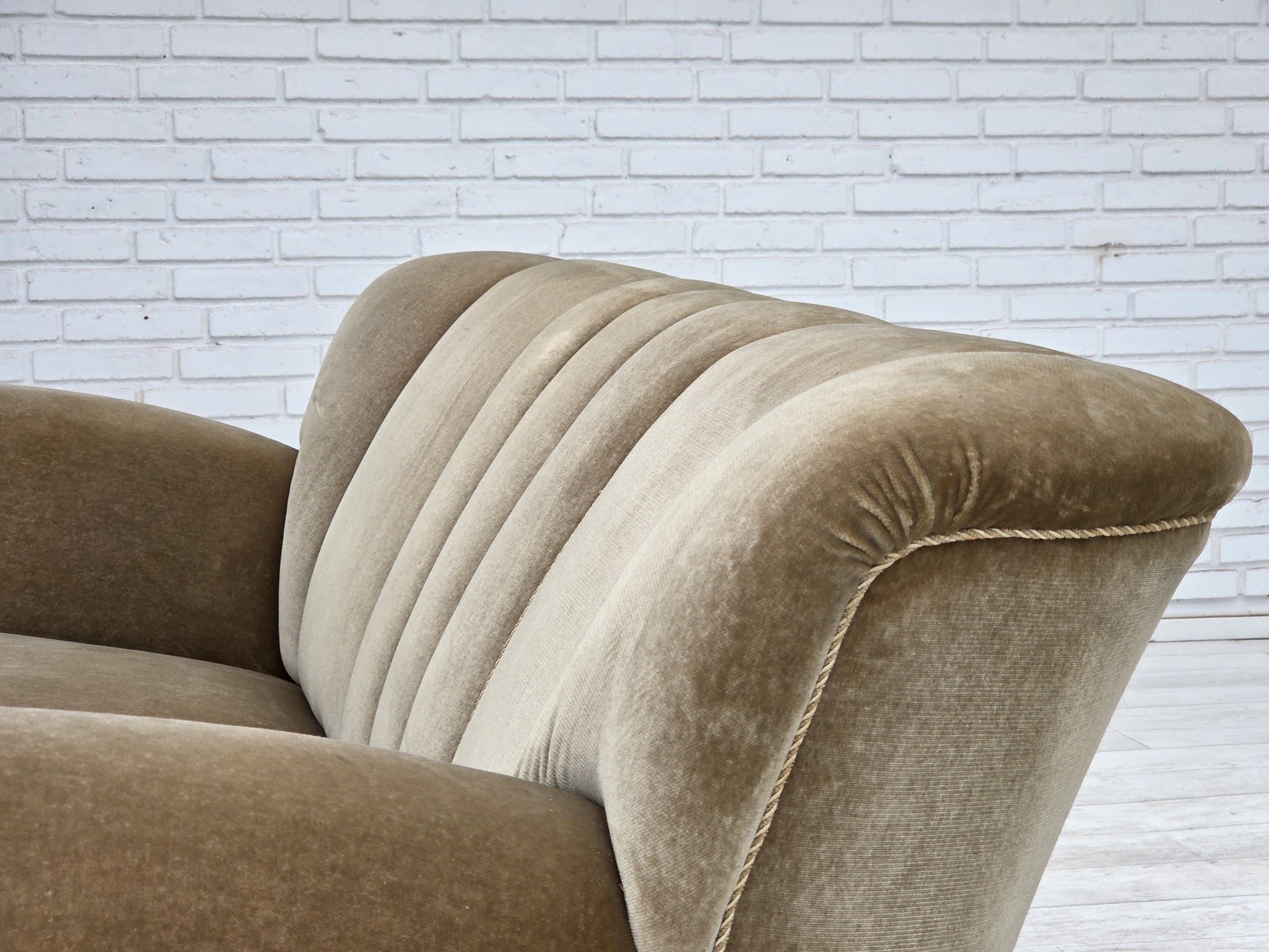 1960s, Danish 3-seater sofa, green furniture velour, oak wood legs.