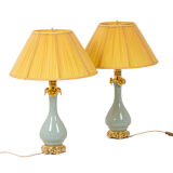 Pair of celadon and bronze porcelain lamps, circa 1880