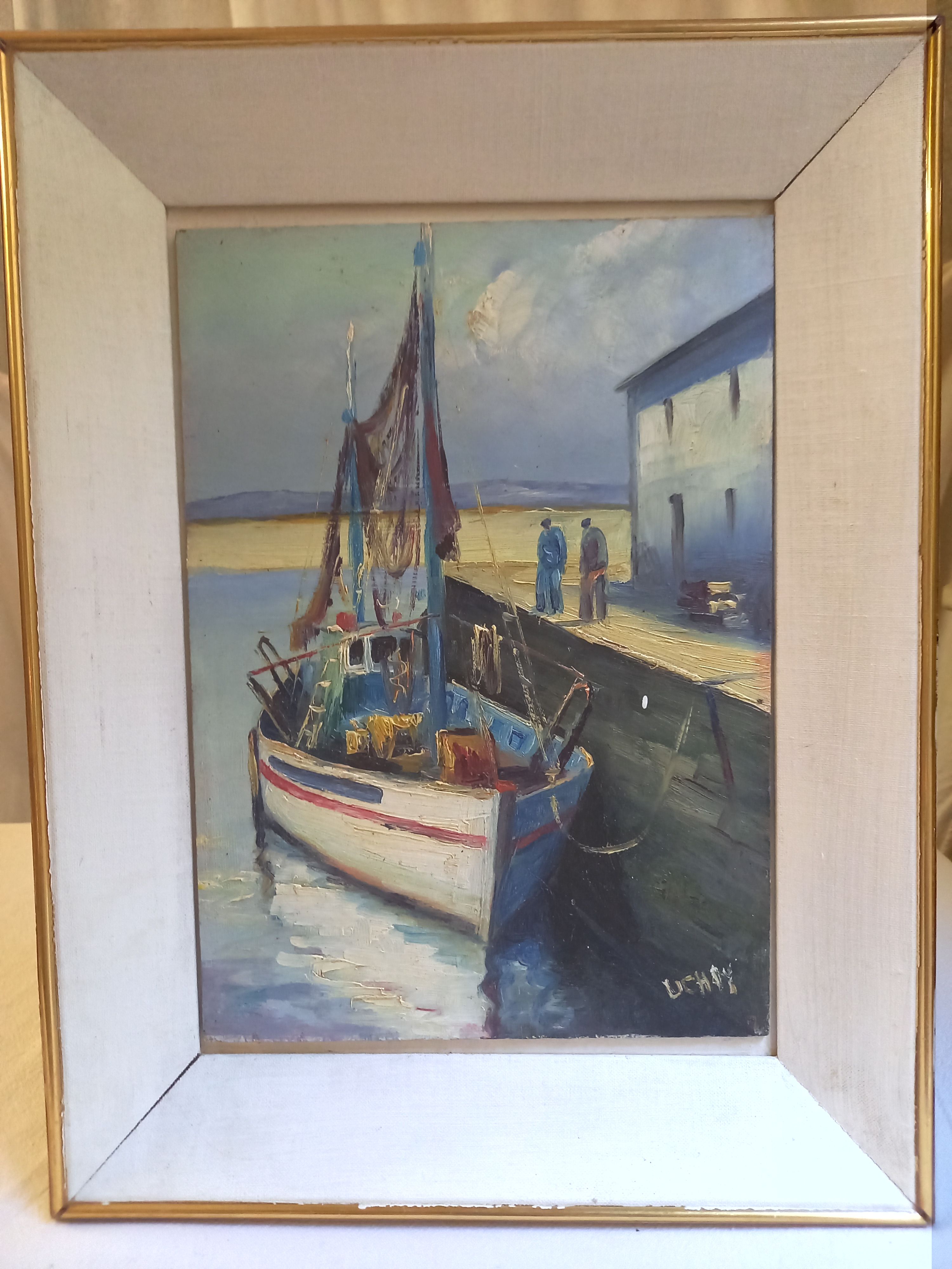 Old painting, oil on wood, representing a port with a fishing boat