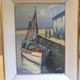 Old painting, oil on wood, representing a port with a fishing boat