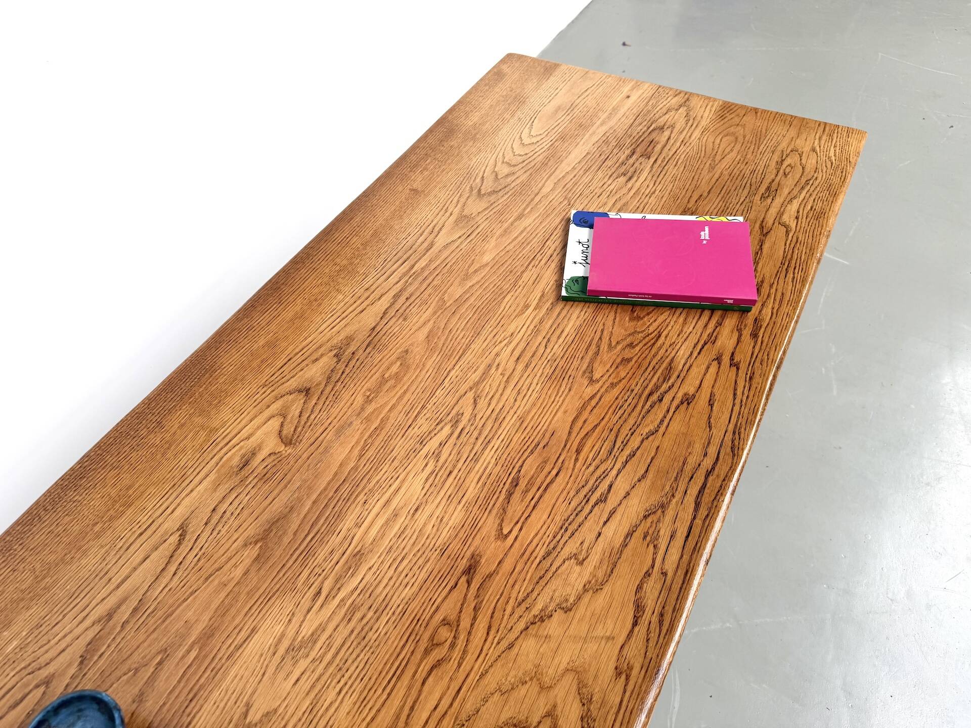 Solid oak farmhouse table, square legs.