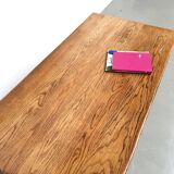 Solid oak farmhouse table, square legs.