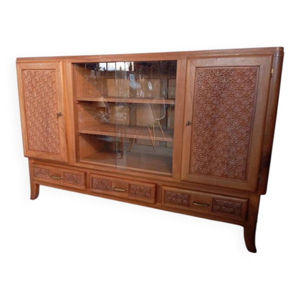 Buffet-vitrine de présentation en placage de merisier et bois naturel