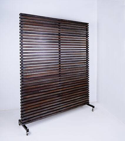 Slatted wood panel room divider or slatted coat rack with 10 mobile hooks