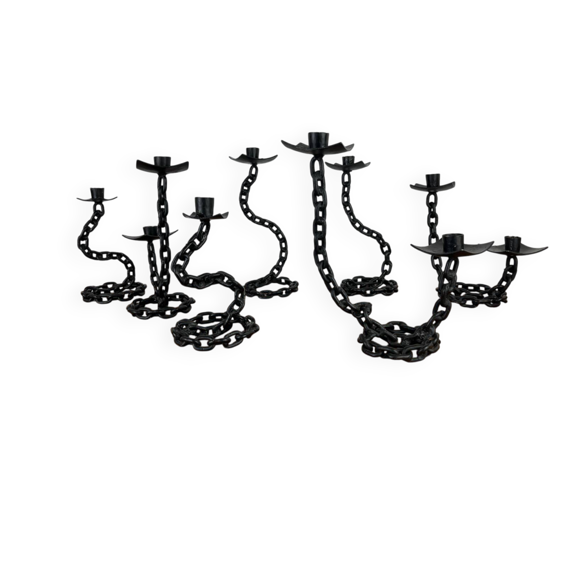 7 wrought iron candle holders in brutalist chain style