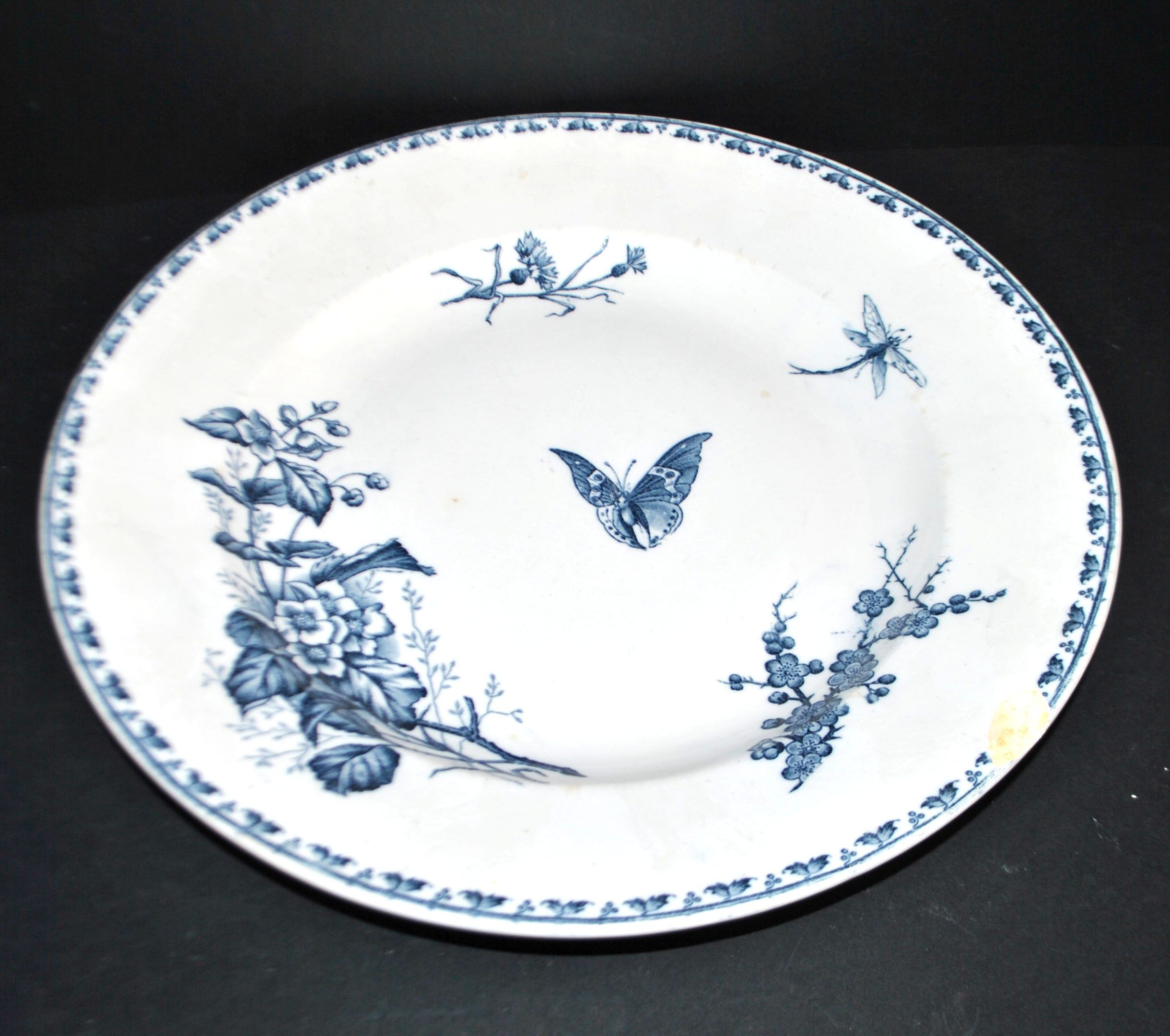 Sarreguemines round plate CARMEN blue butterfly dragonfly earthenware ironstone