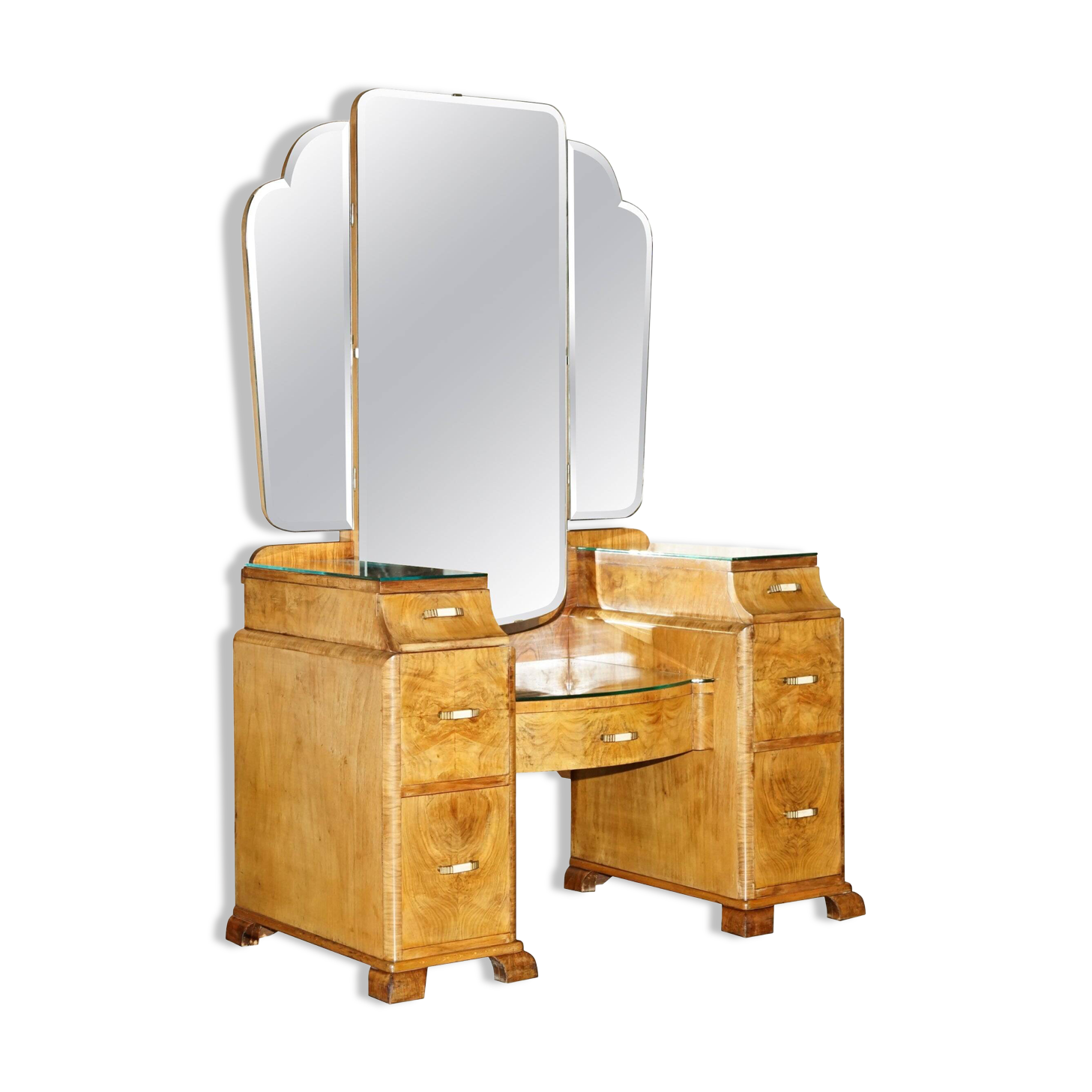 Art Deco dressing table circa 1930 in satin walnut with mirror.