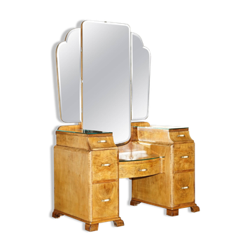 Coiffeuse Art Déco circa 1930 en noyer satiné avec miroir