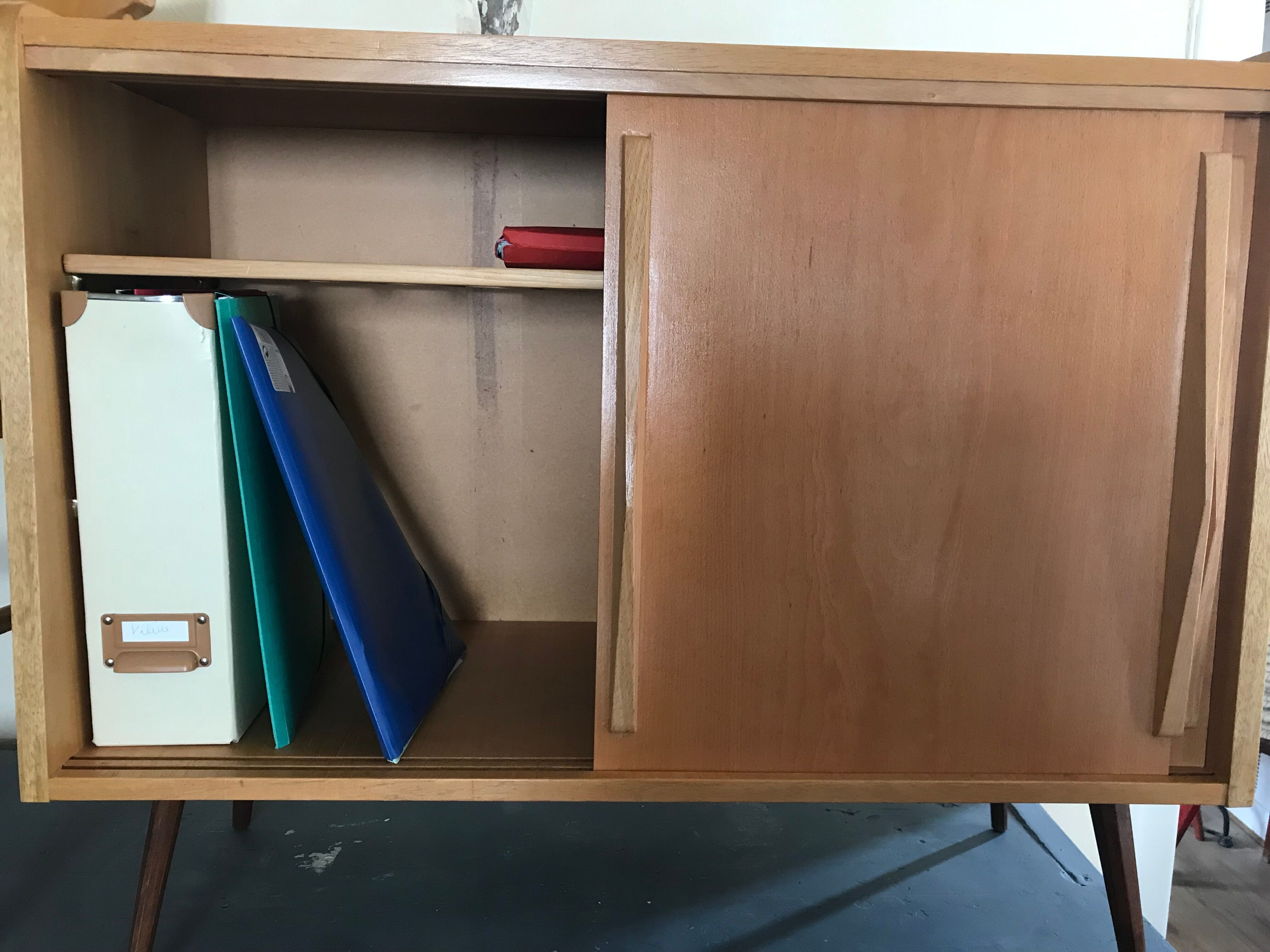 Vintage storage cabinet sliding doors feet compass