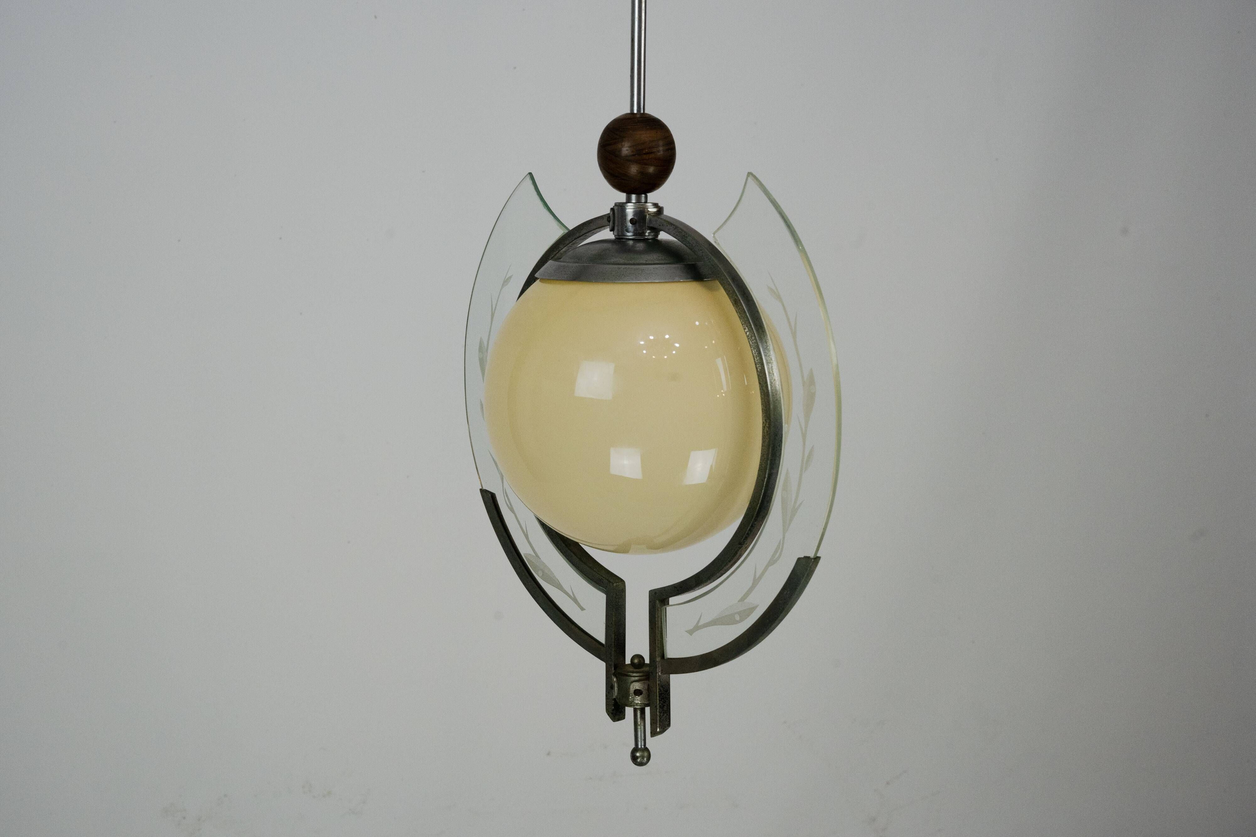 1930s Italian Art Deco Pendant Light with Etched Glass and Amber Globe