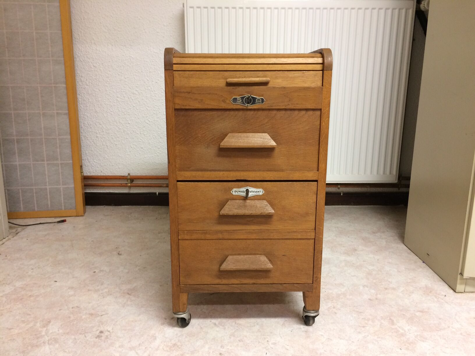Old curtain oak wheeled box 1950