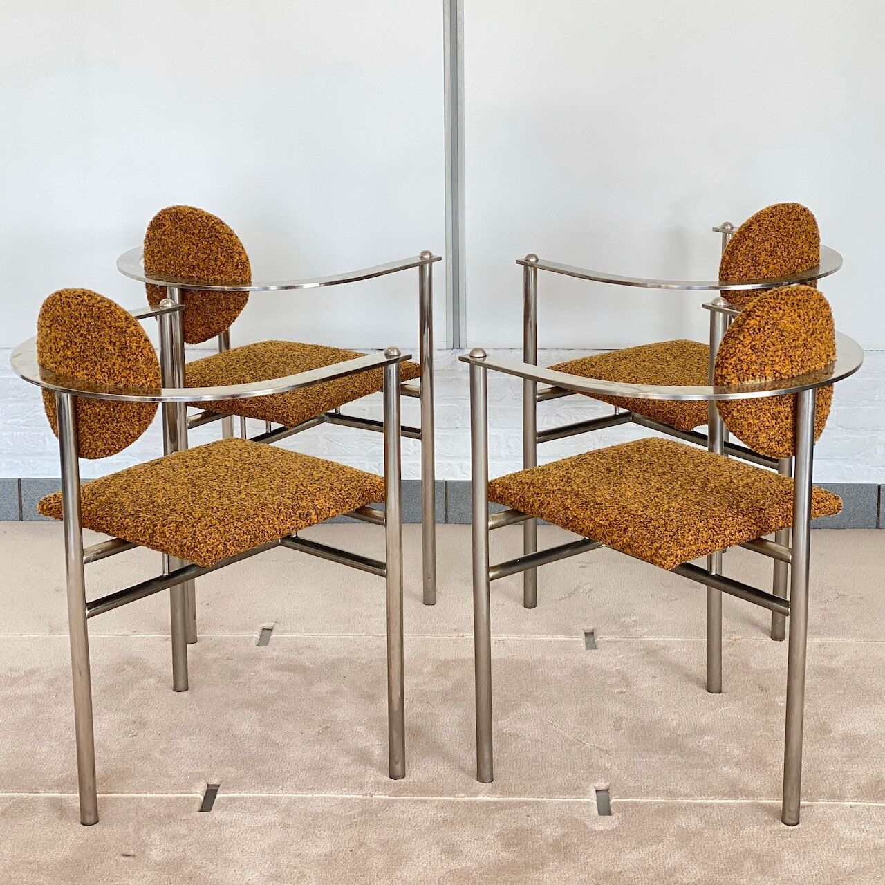 Set of 4 Belgo Chrom steel armchairs with bouclé