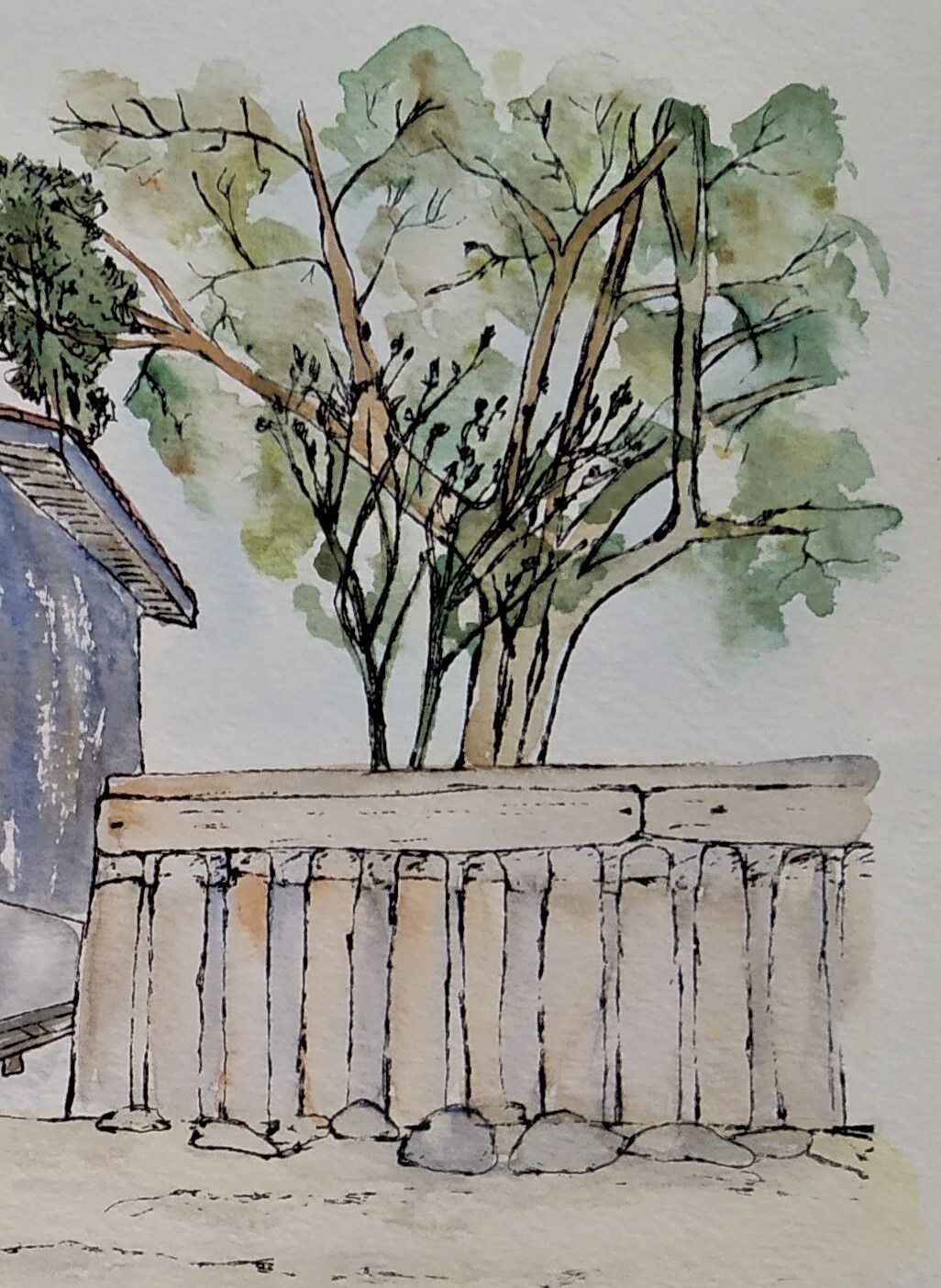 Watercolor lithograph 1980's "Cap-Ferret, 'L'Herbe' le quartier des pêcheurs"