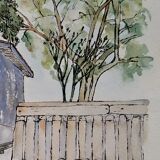 Watercolor lithograph 1980's "Cap-Ferret, 'L'Herbe' le quartier des pêcheurs"