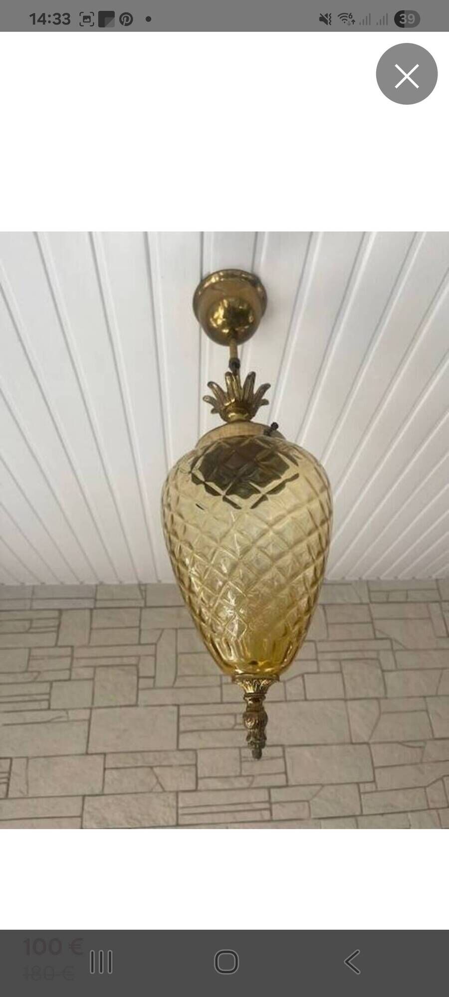 Superbe lustre ananas en verre ambré et laiton