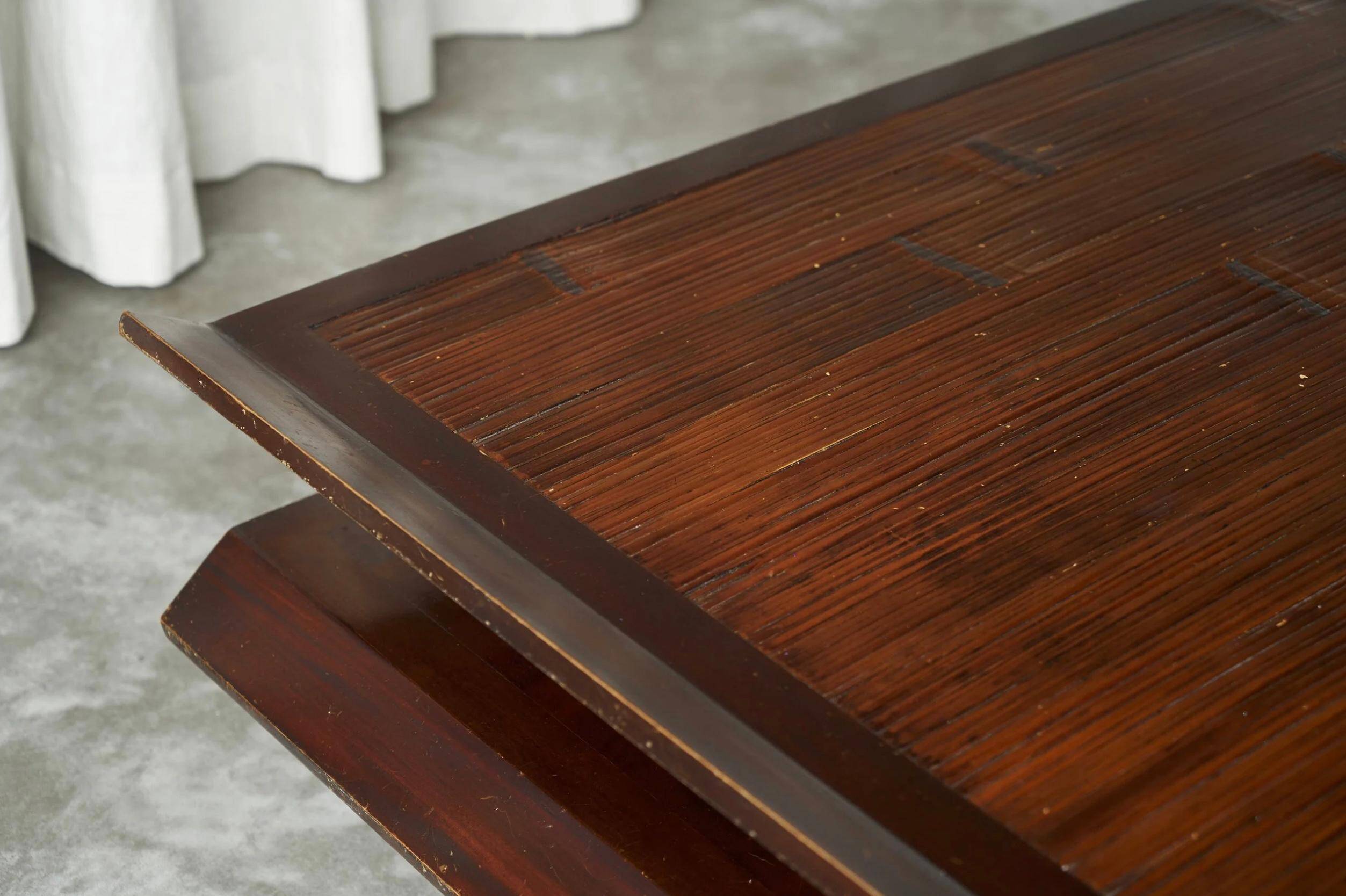 Two-level pagoda coffee table in Wabi-Sabi style, wood and bamboo from the 1970s.