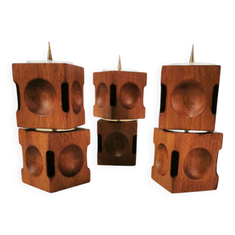 Mid Century Modular Teak Candlesticks, Denmark, 1960s