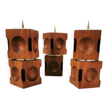 Mid Century Modular Teak Candlesticks, Denmark, 1960s