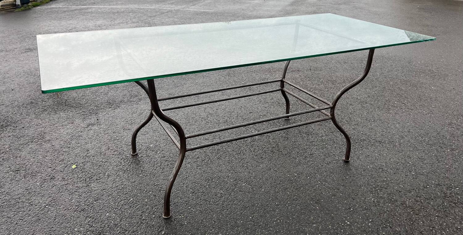 Rectangular table translucent glass top metal base vintage 1980