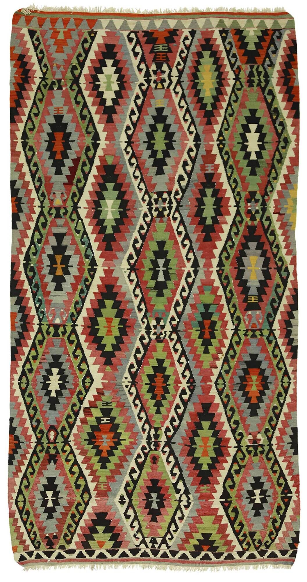 Turkish Kilim Yuruk Vintage 155x293 cm Geometric Red Green Yellow