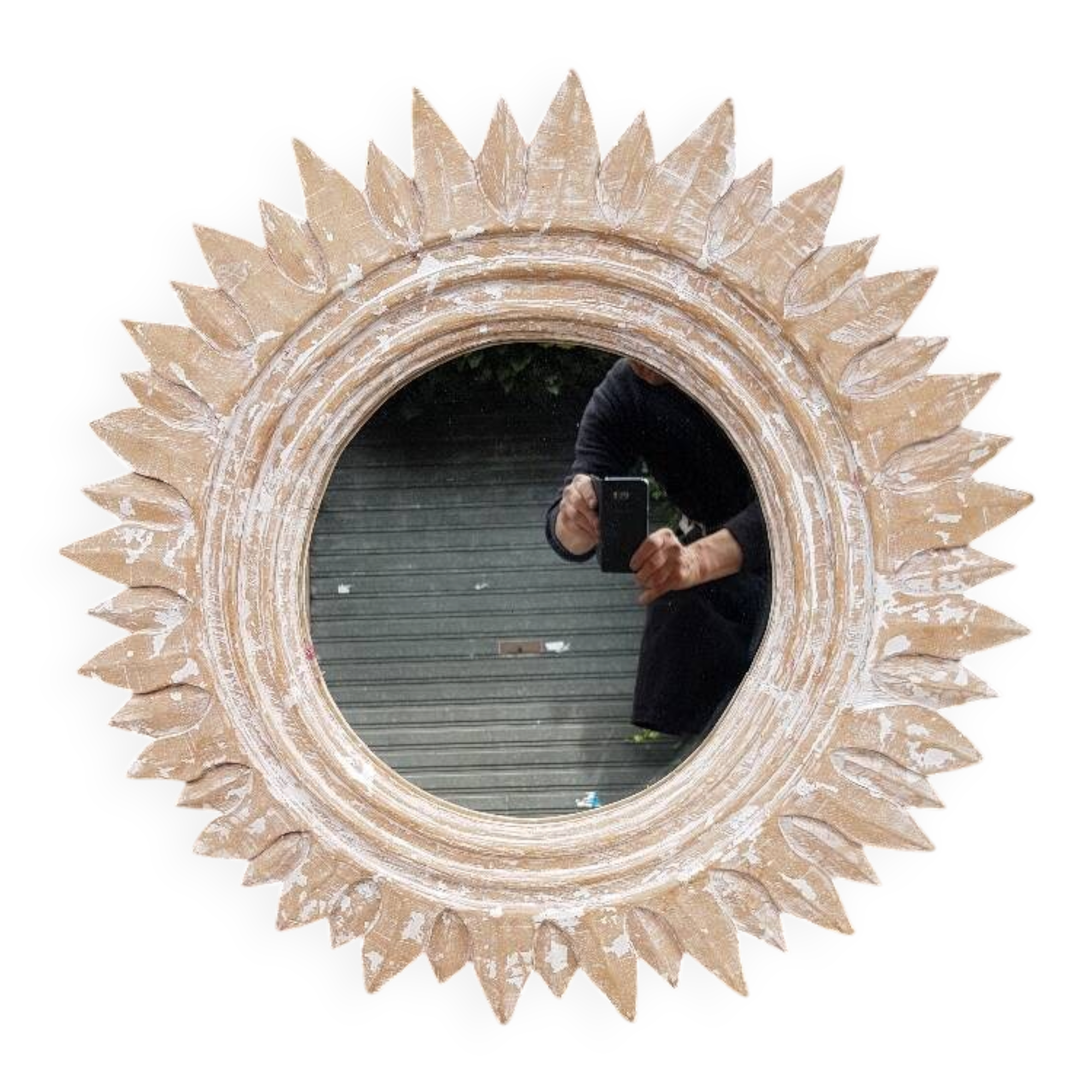 "Sun" mirror in carved wood and ceruse (70 cm)