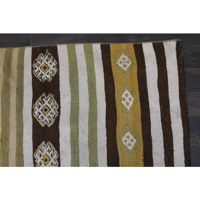 1970s Vintage Turkish Hand-Knotted Wool Cotton Green Runner Rug 139x323