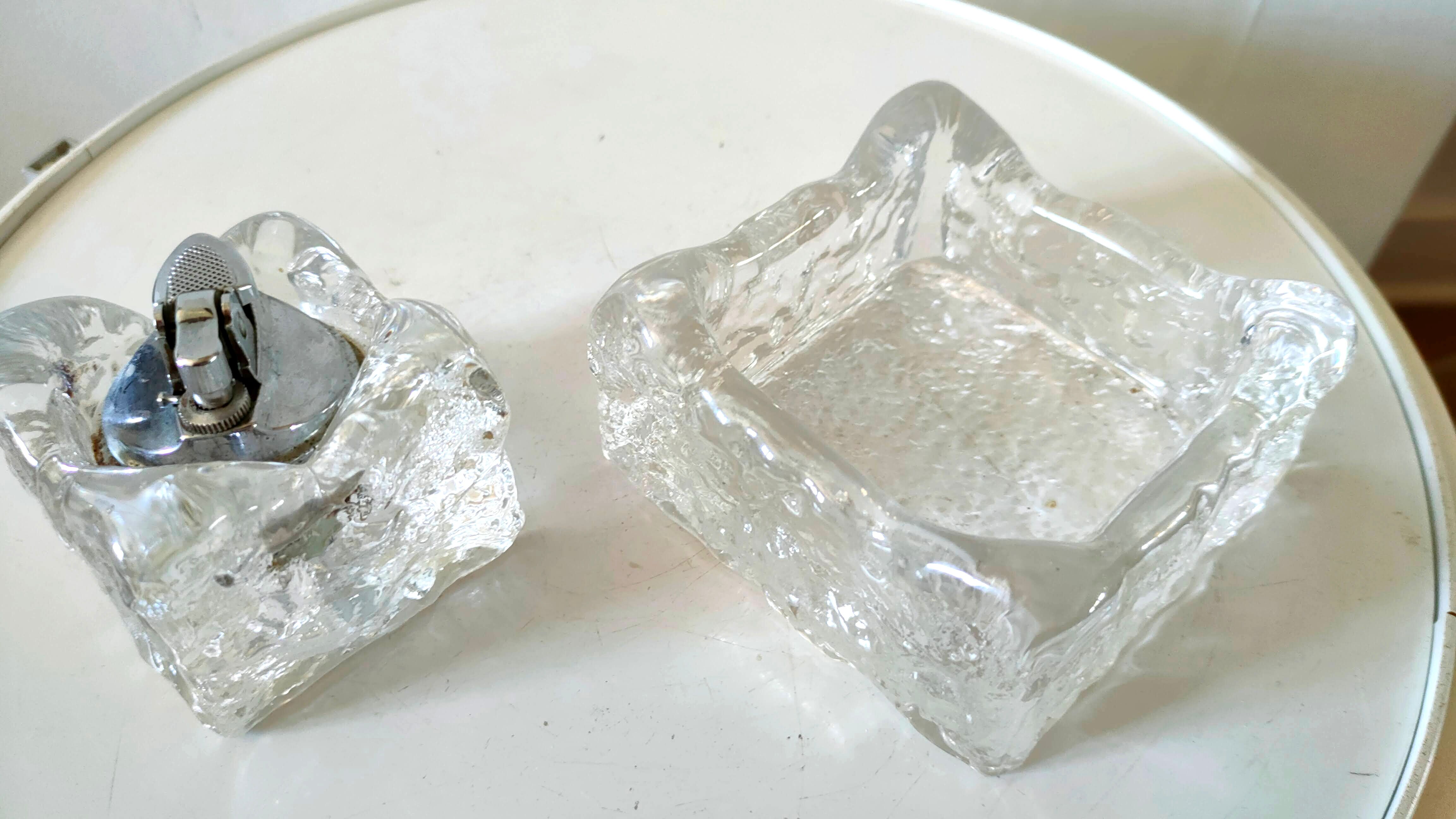 Briquet et cendrier en verre givré Kalmar design années 70