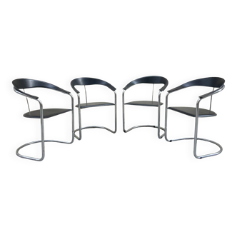 4 fauteuils Canasta en cuir noir italien d’Arrben, années 1970