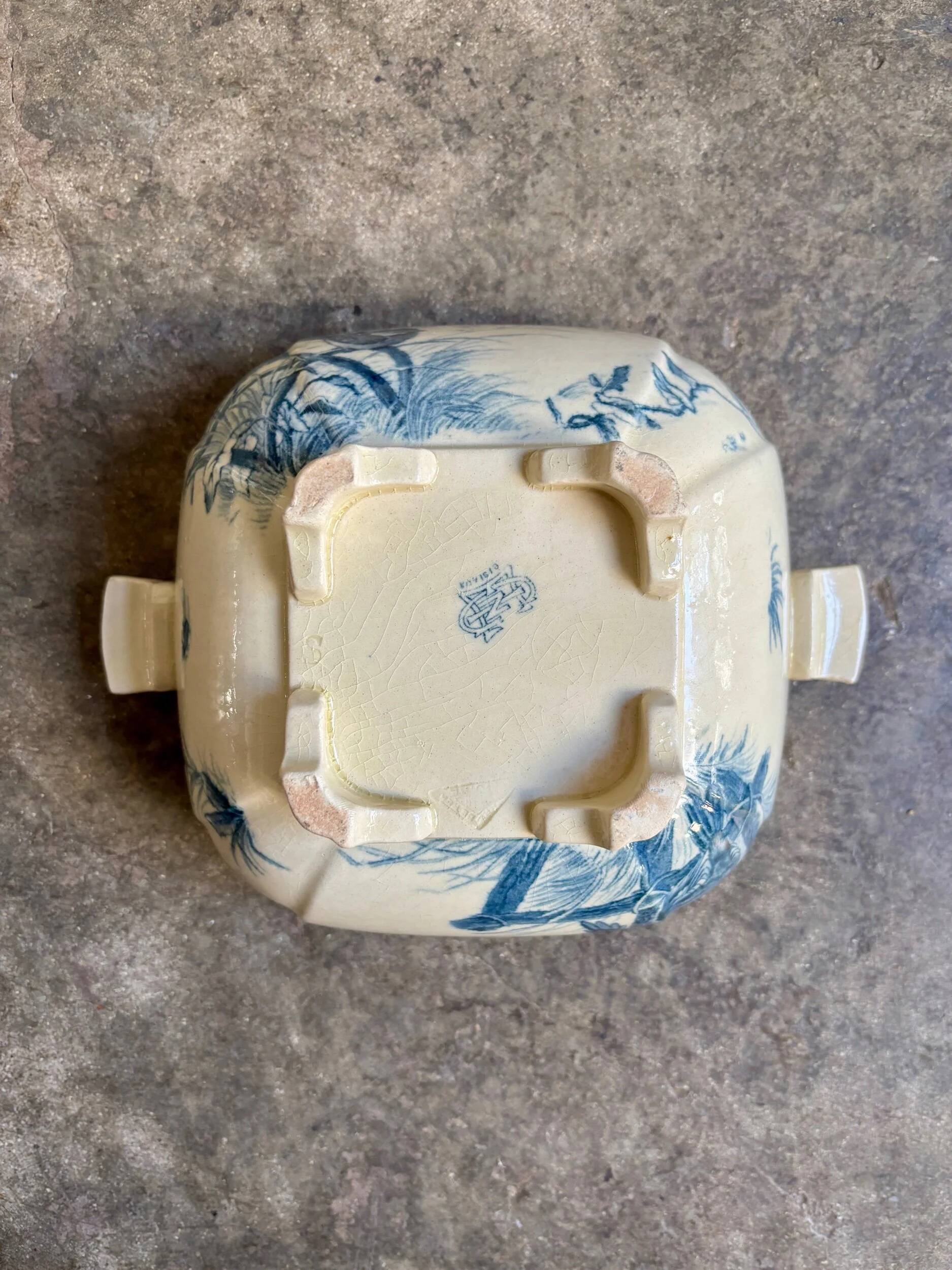 Gien ironstone soup tureen in blue, "Birds" service circa 1870.