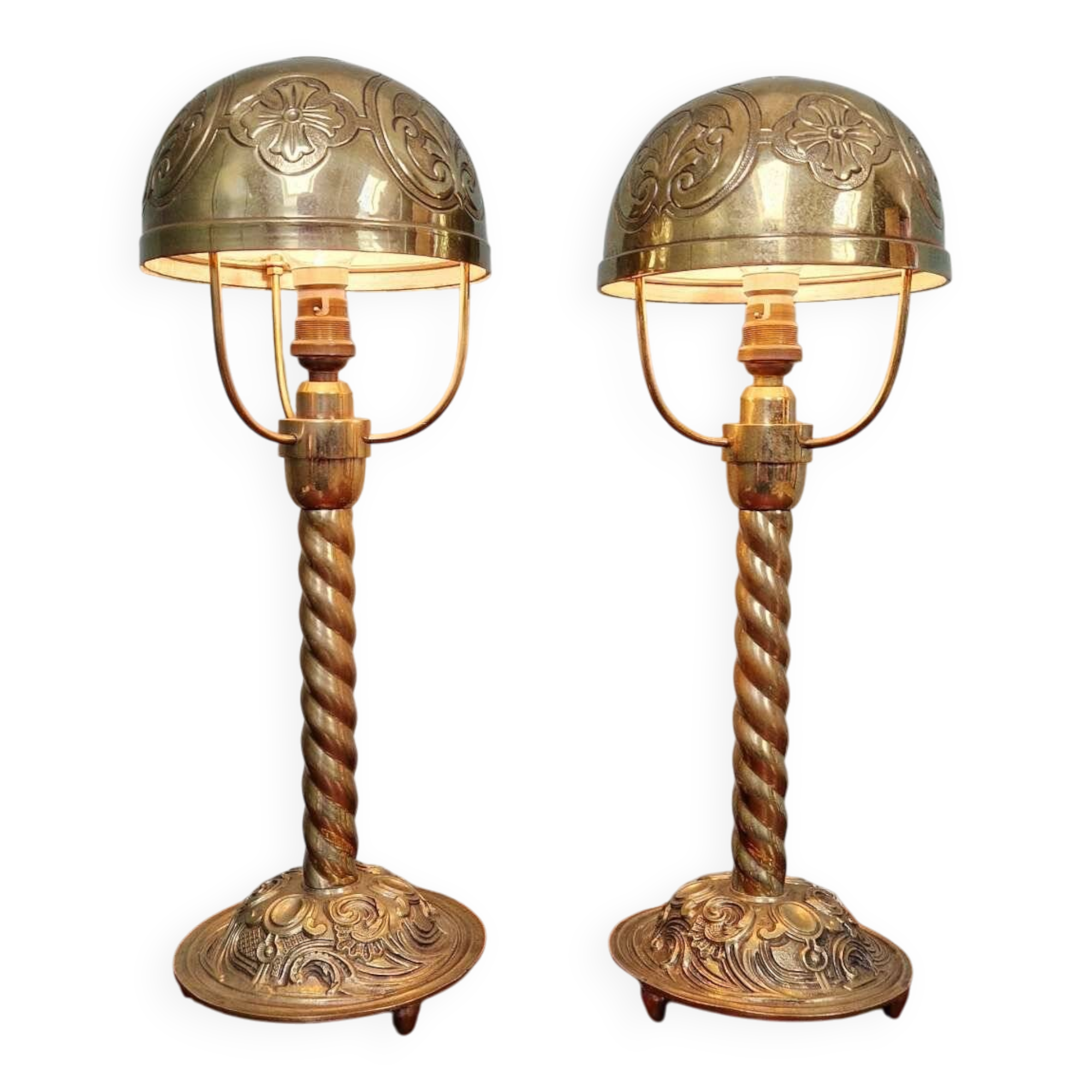 Pair of bronze and brass table lamps, early 20th century