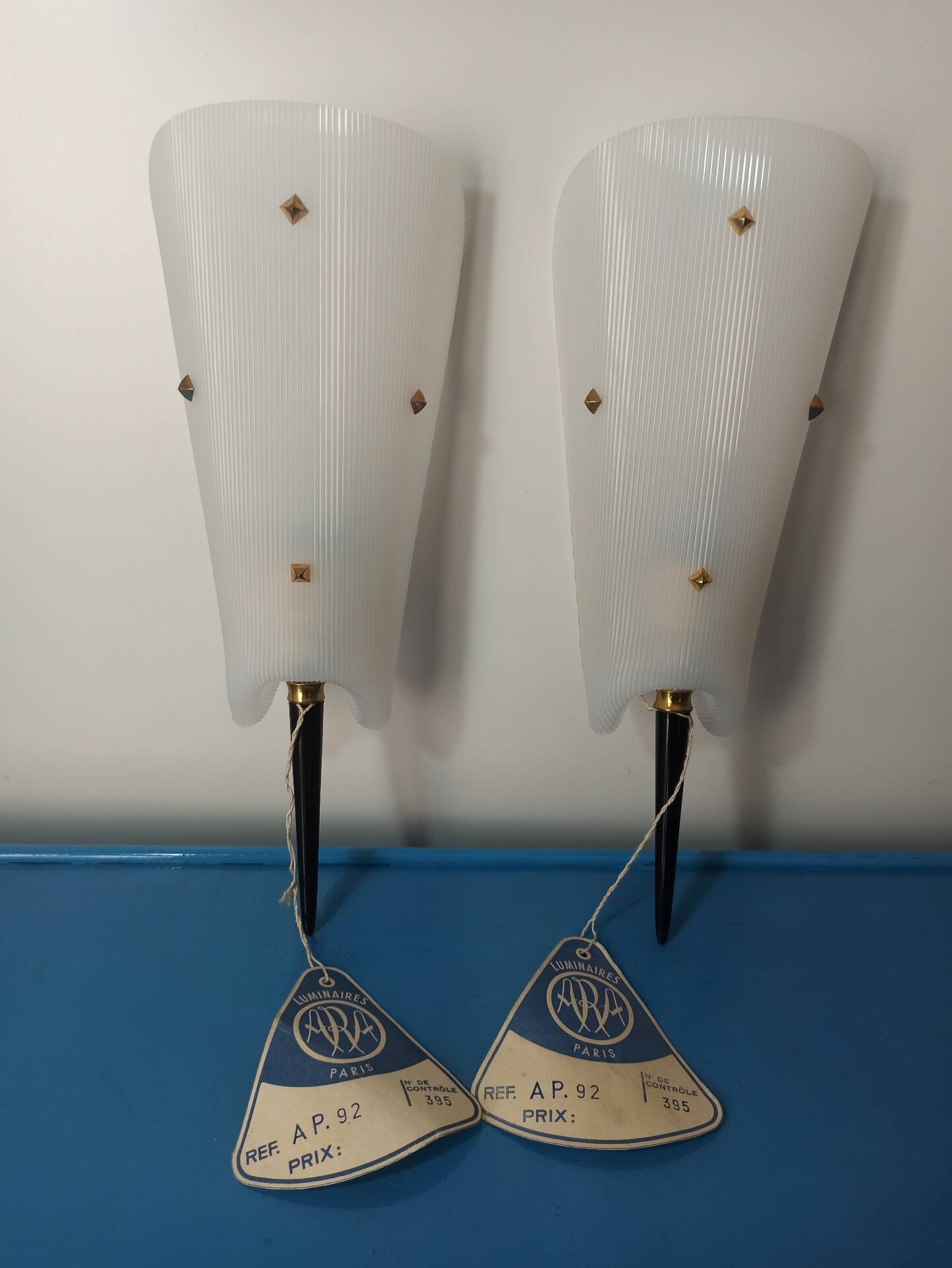 Pair of Vintage Mid-Century "ARA Paris" Wall Lights in Striped Rhodoid & L