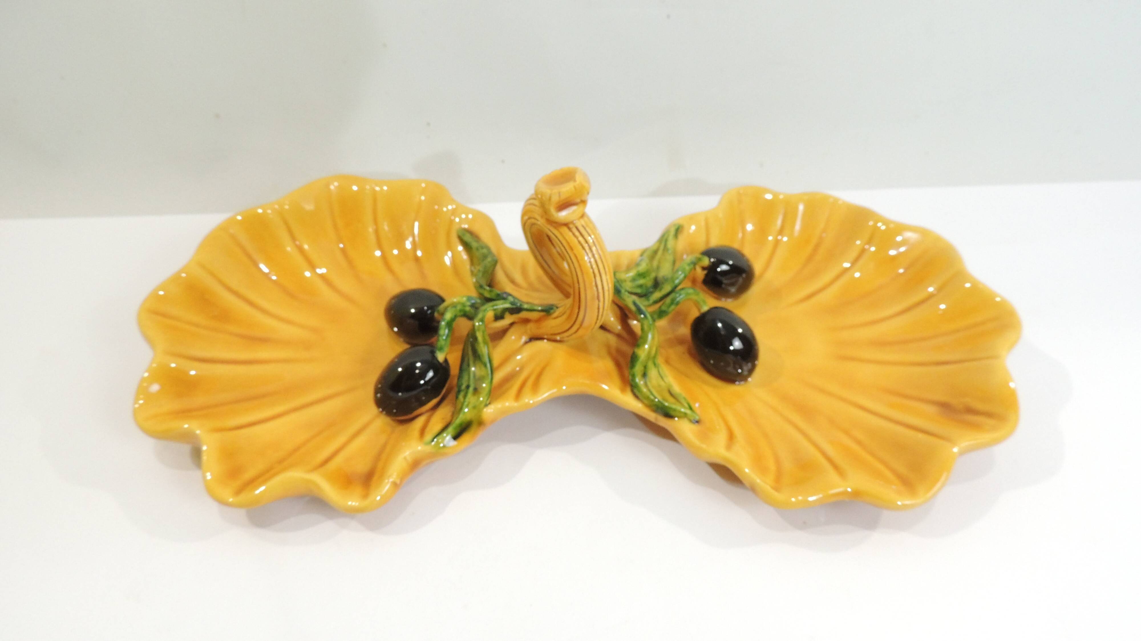 A vintage yellow ceramic aperitif server from Vallauris, 1970s, for black olives.