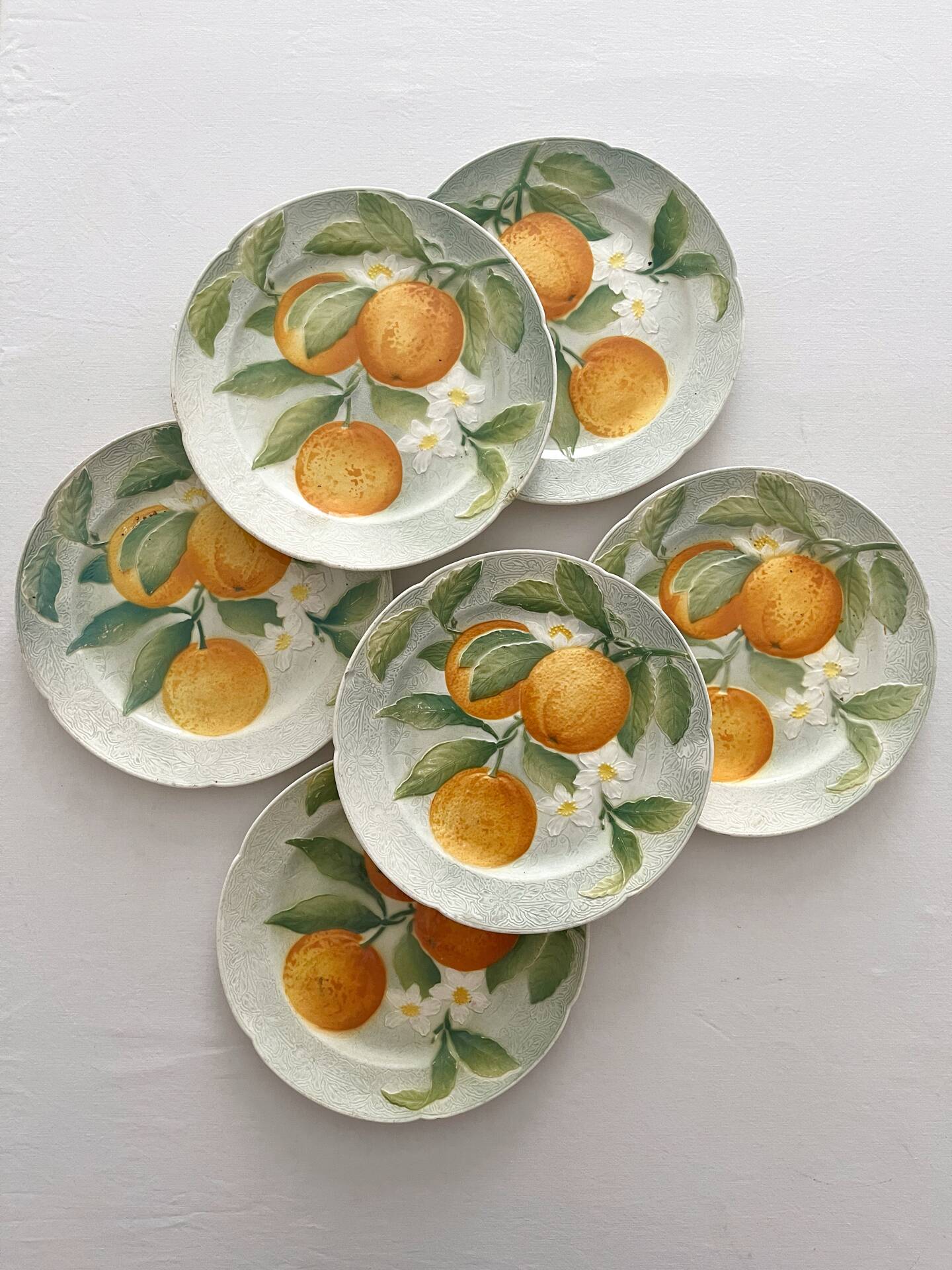 6 orange barbotine dessert plates from Saint Clément earthenware.