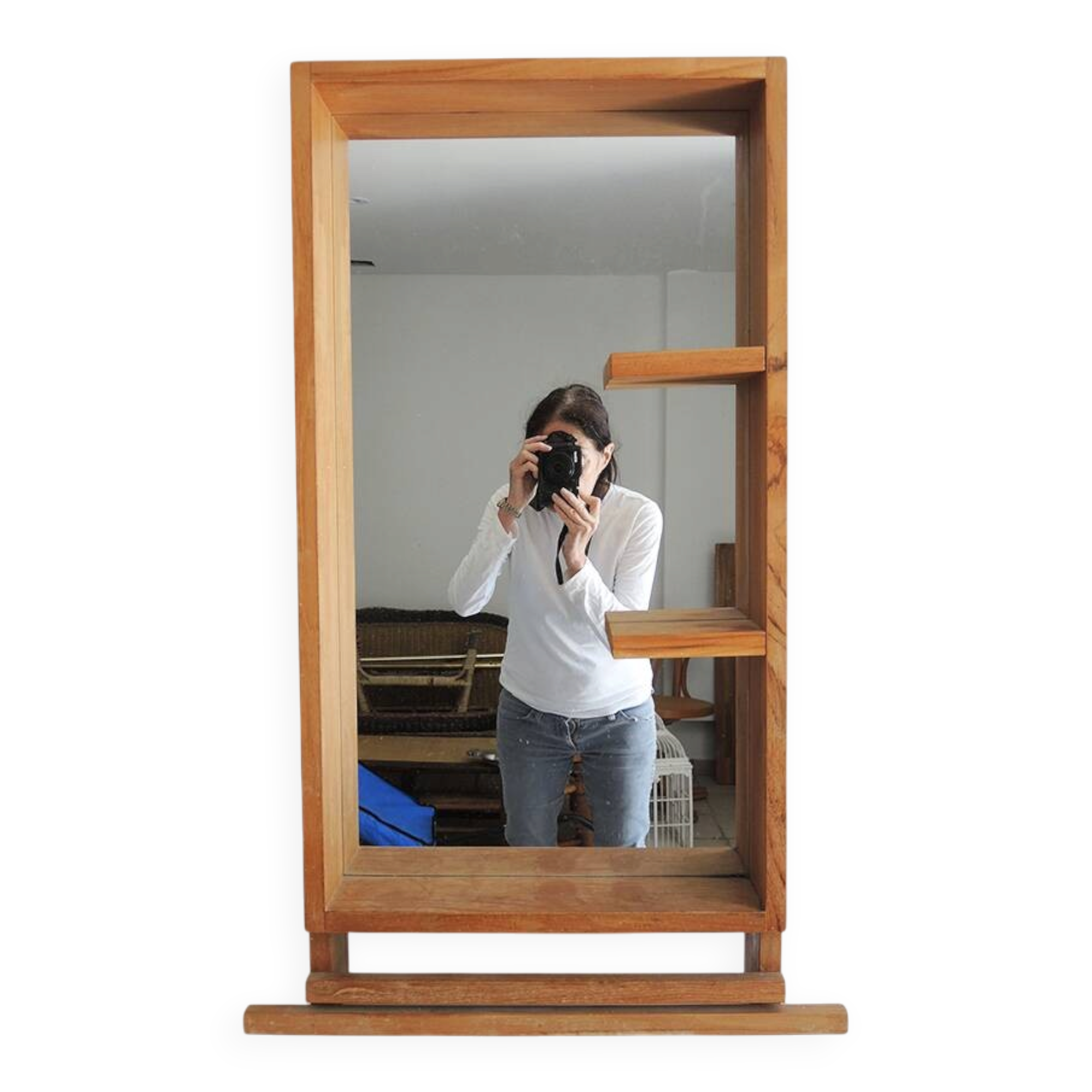 Ancien grand miroir de salle de bains en bois massif