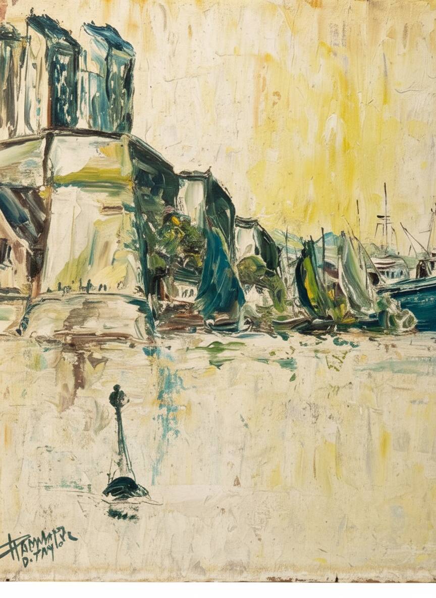 Animated view of a table with sailboats, signed.