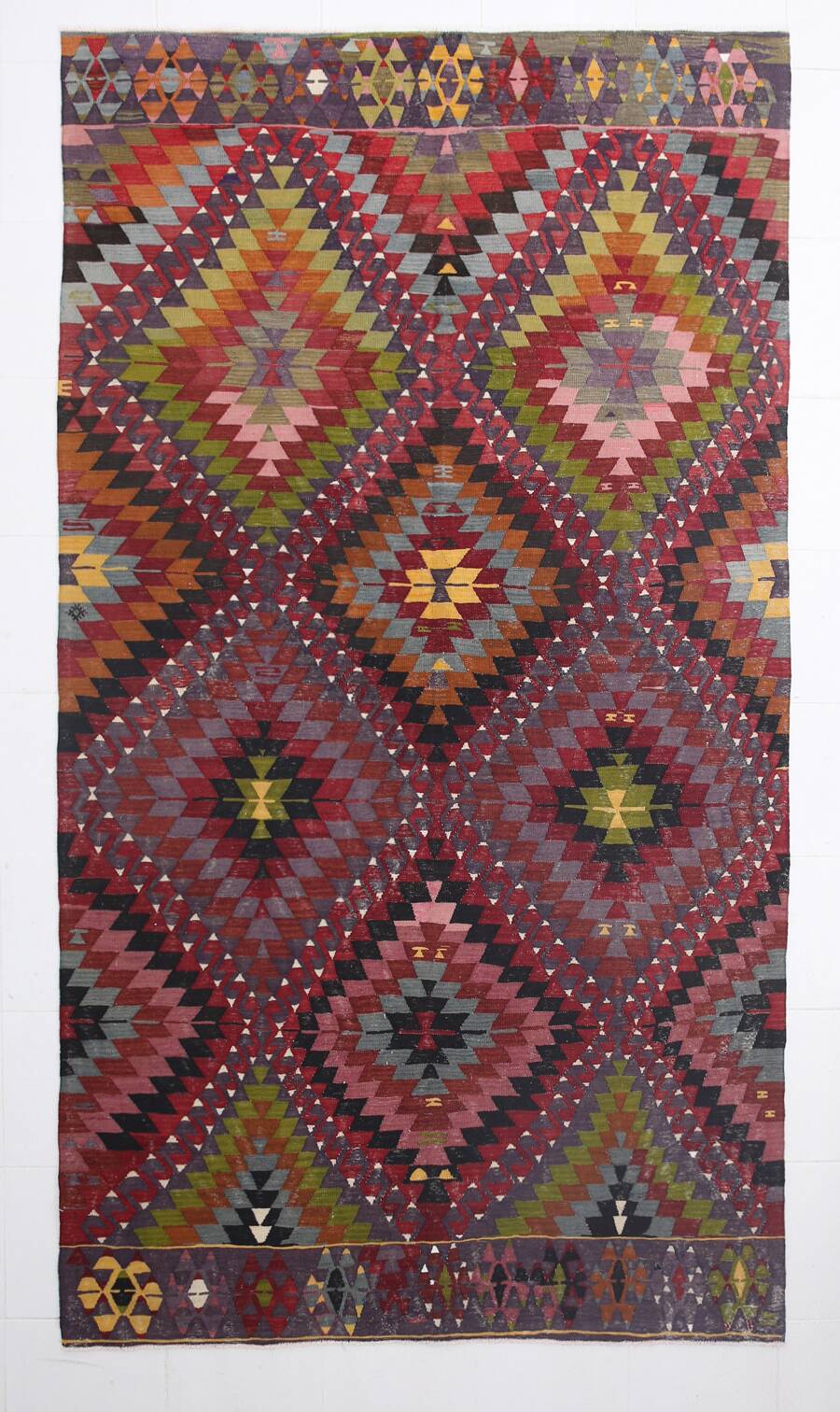 Geometric Pattern Burgundy  Turkish Vintage Kilim Rug, 188x338 Cm