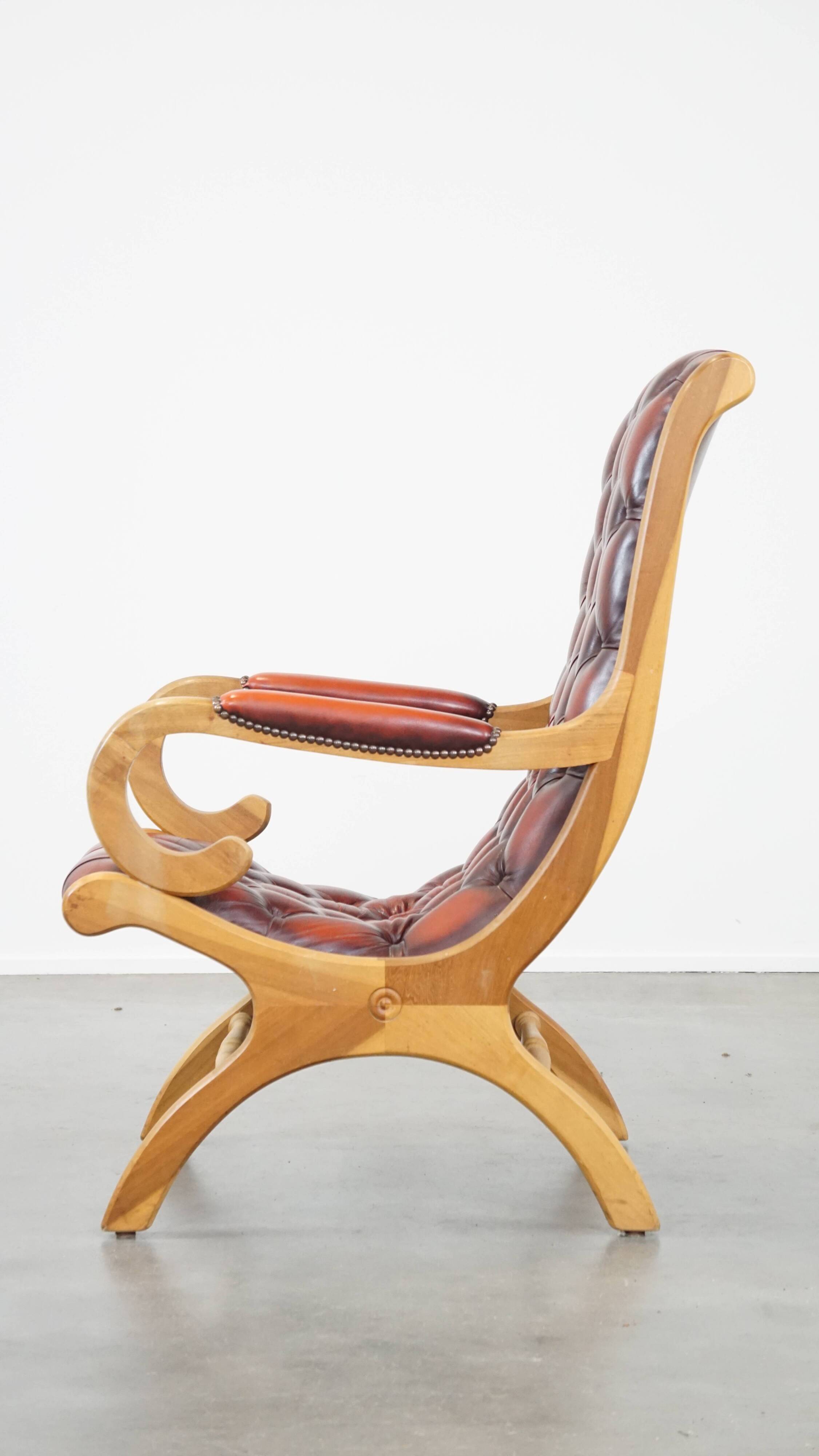 Red flame-grained English cow leather chesterfield armchair