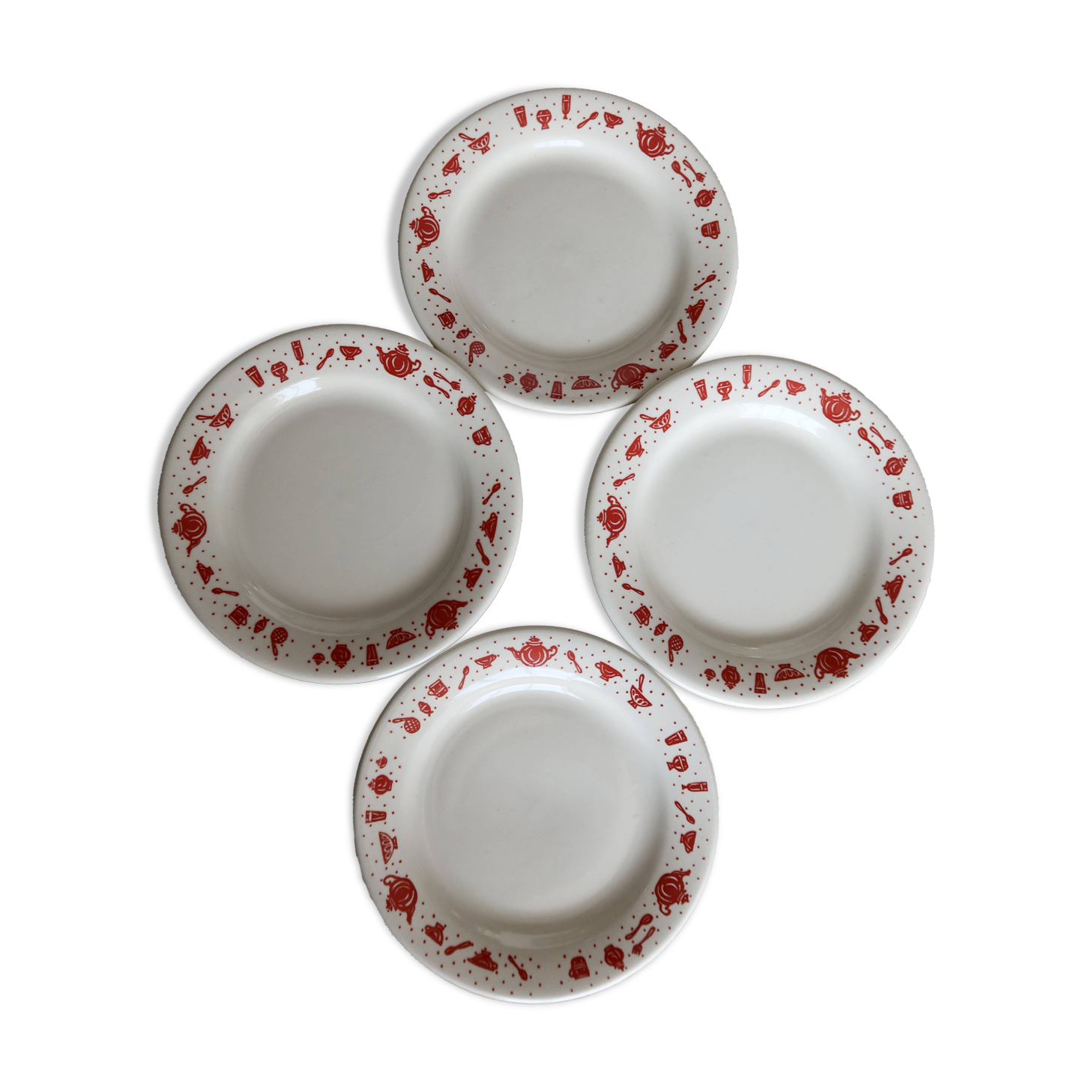 4 assiettes à dessert vintage en porcelaine à liseré rouge motif petit déjeuner