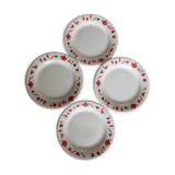 4 vintage porcelain dessert plates with red border and breakfast motif