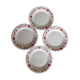 4 vintage porcelain dessert plates with red border and breakfast motif