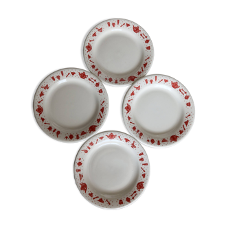 4 assiettes à dessert vintage en porcelaine à liseré rouge motif petit déjeuner