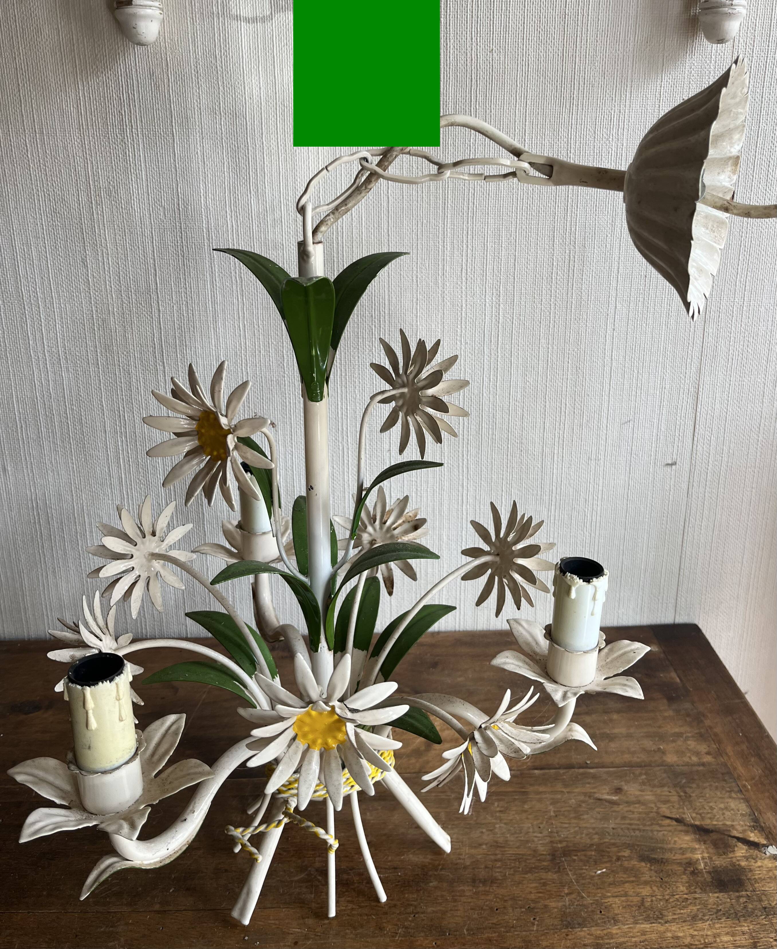Sheet metal chandelier with daisy masks, 3 branches.