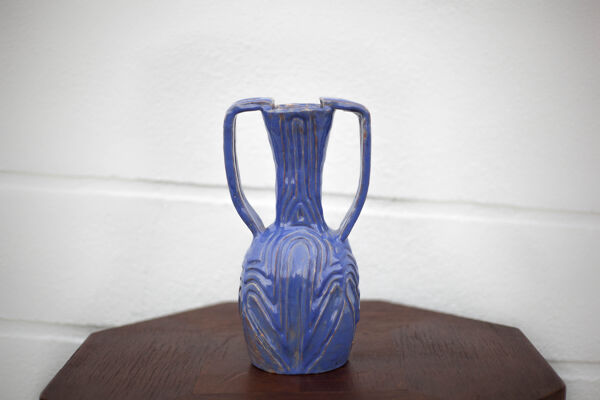 Vase en terre cuite vernissé bleu brutaliste 70