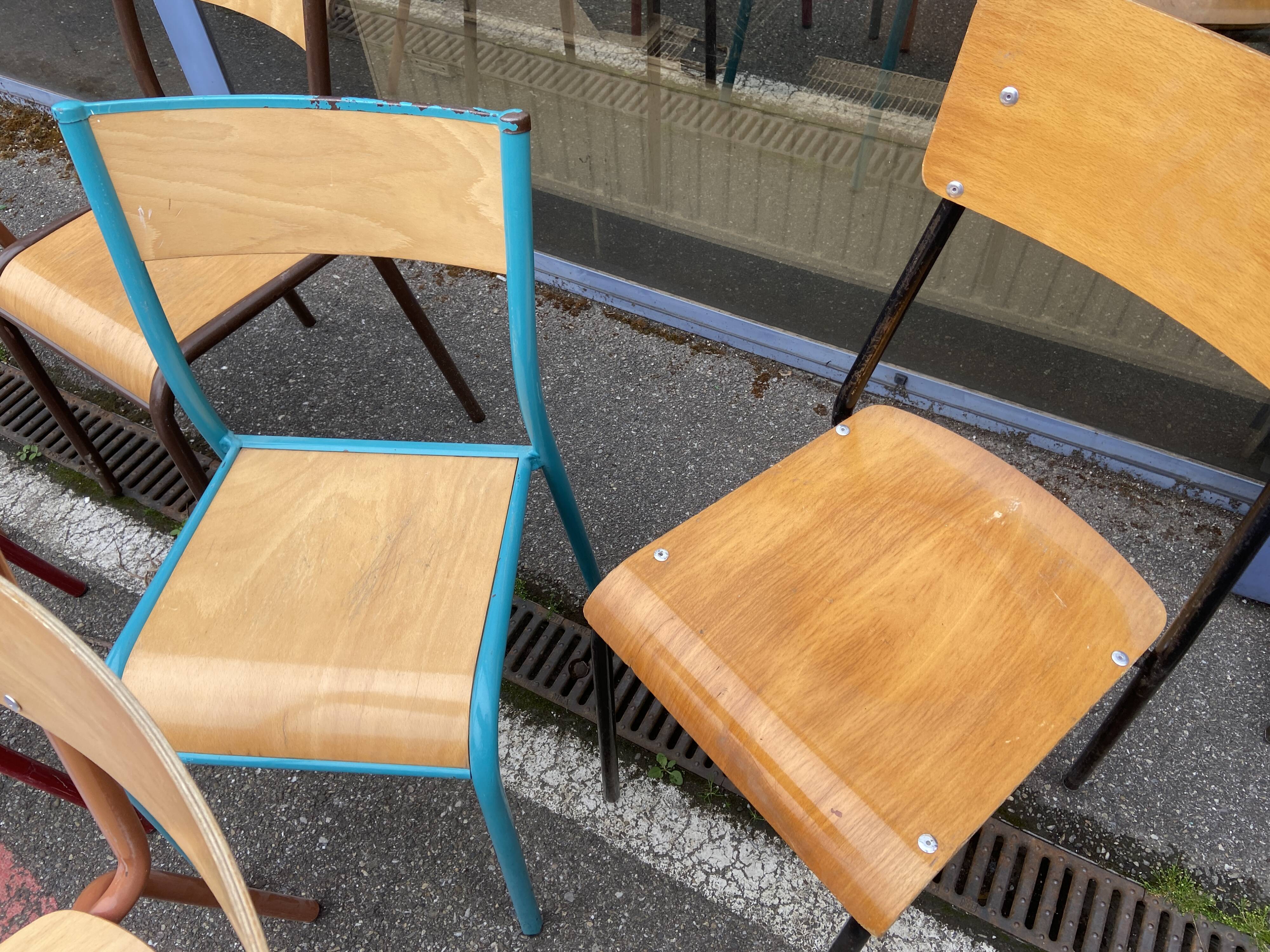 Set of 6 mismatched school chairs industrial