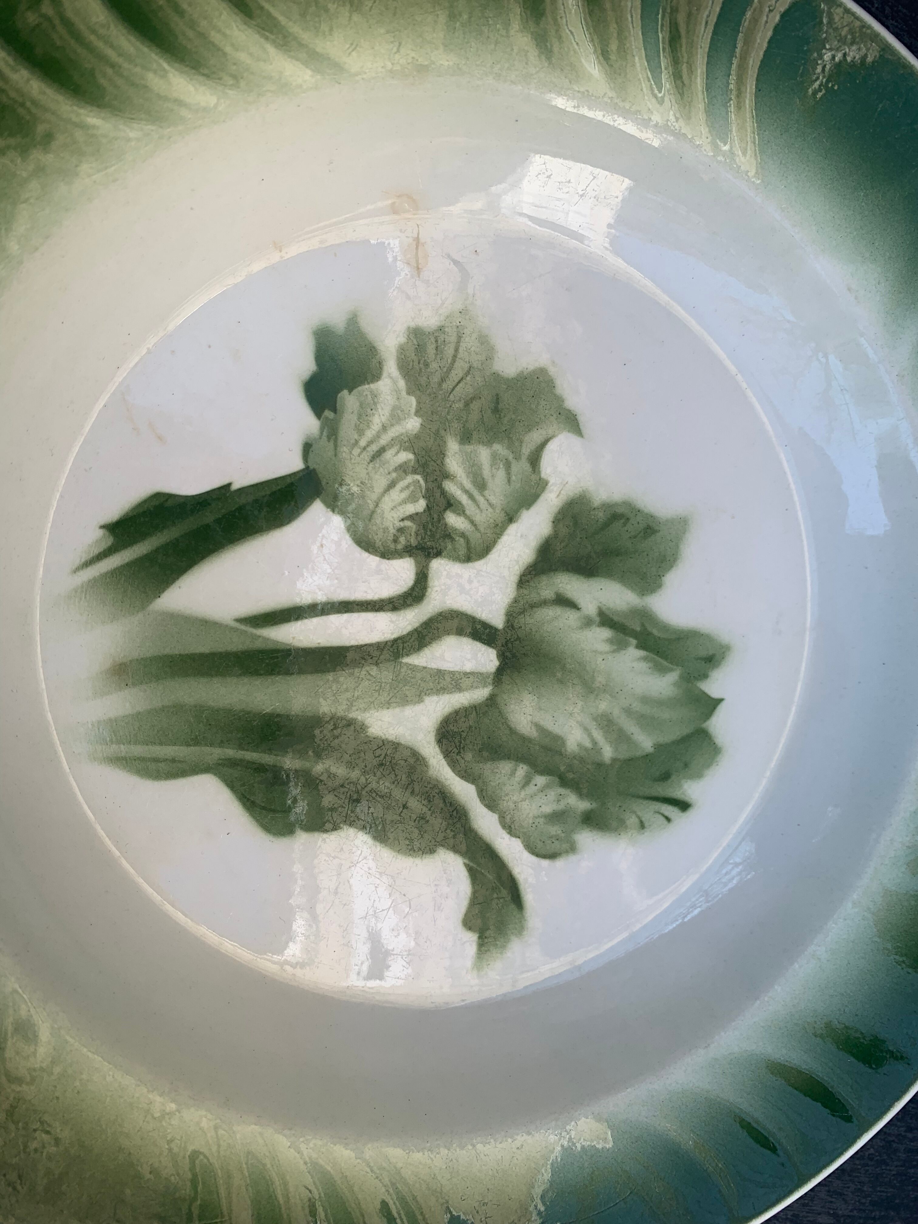 Hollow dish pattern green tulips longwy france old