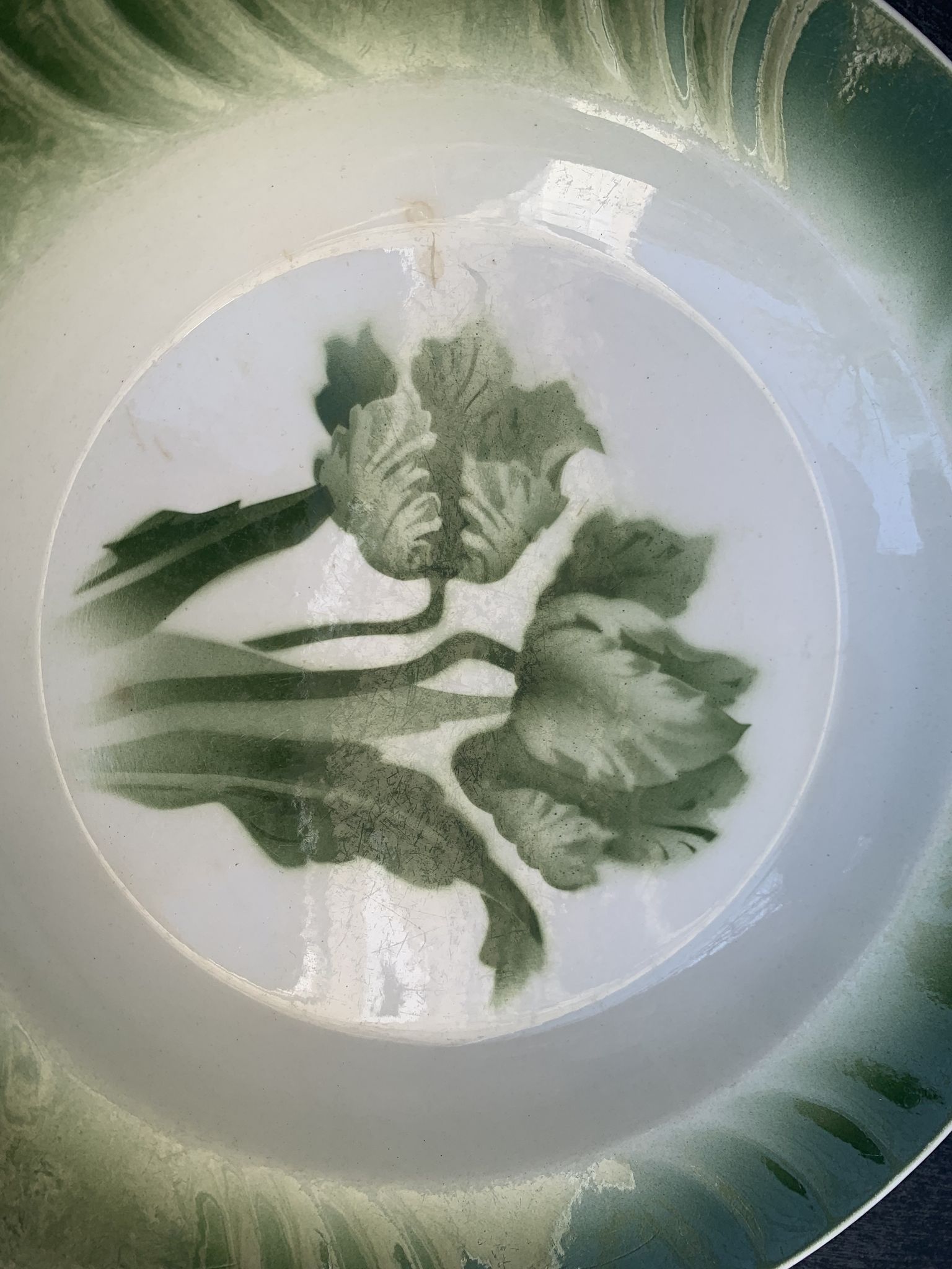 Hollow dish pattern green tulips longwy france old