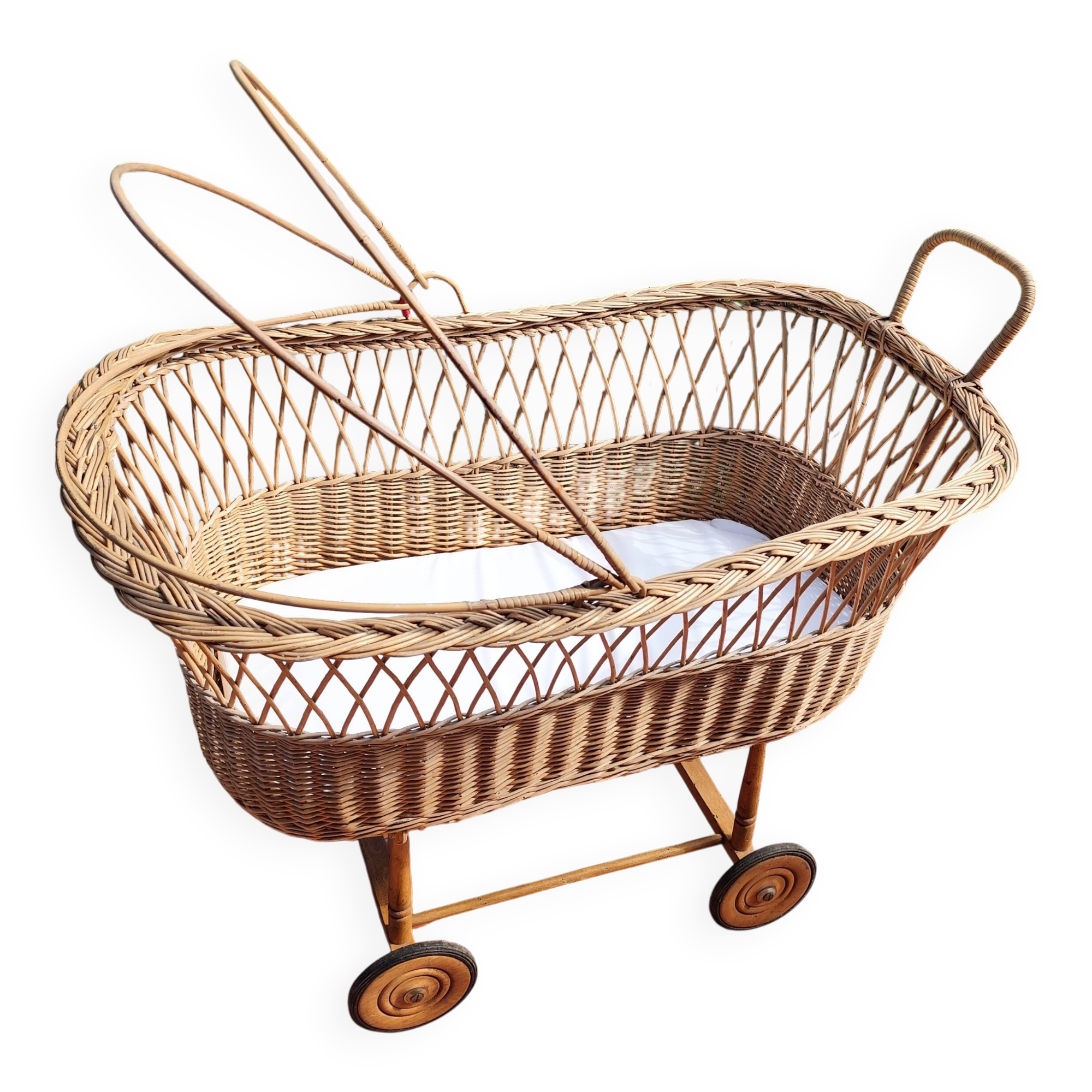 Vintage rattan Alsatian doll cradle bassinet