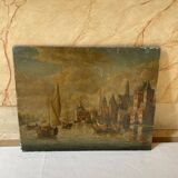 Peinture sur bois ancienne représentant un port