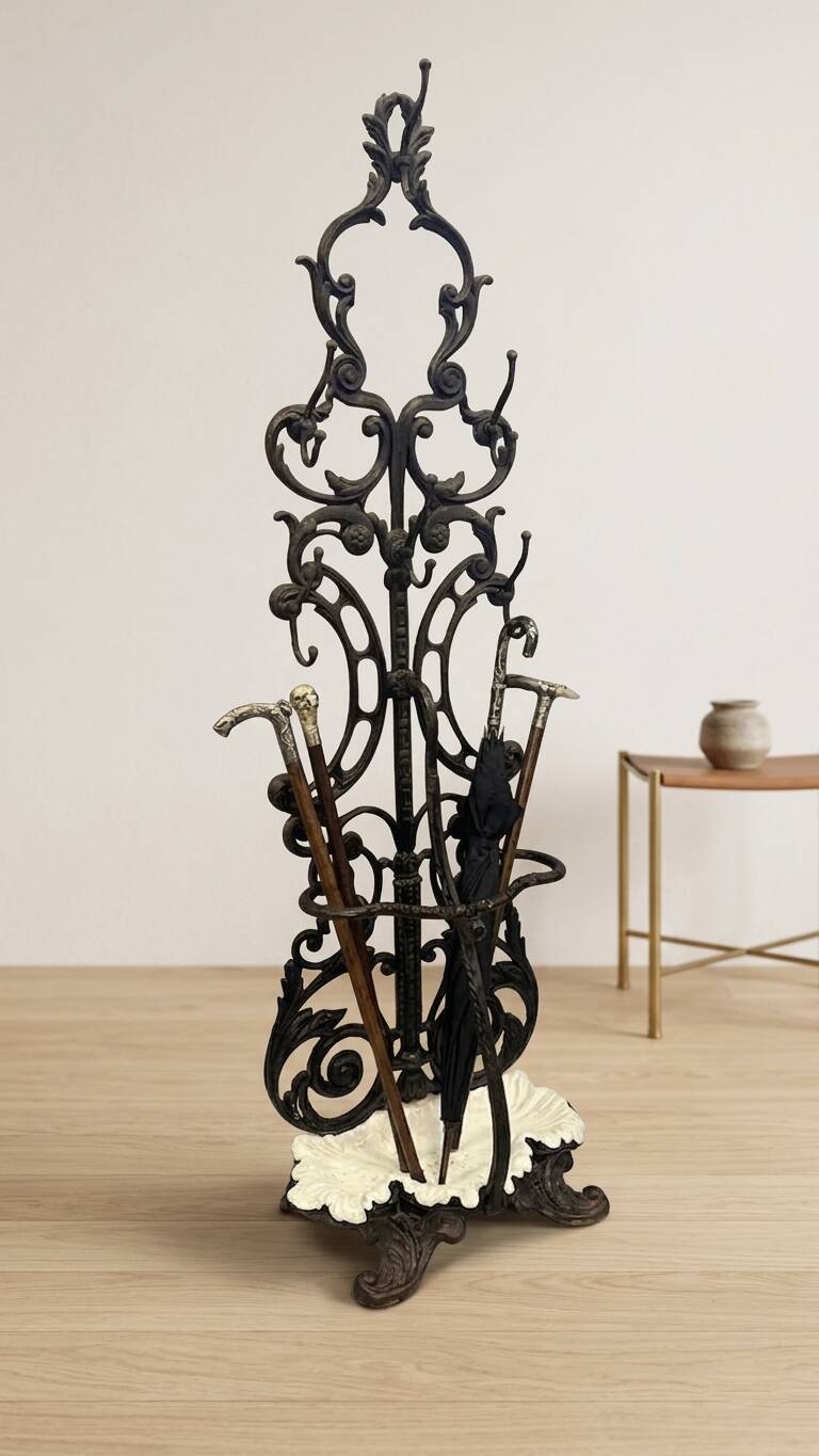 Antique cast iron hall stand, Victorian coat rack with marble base, ornate hall tree, 19th century