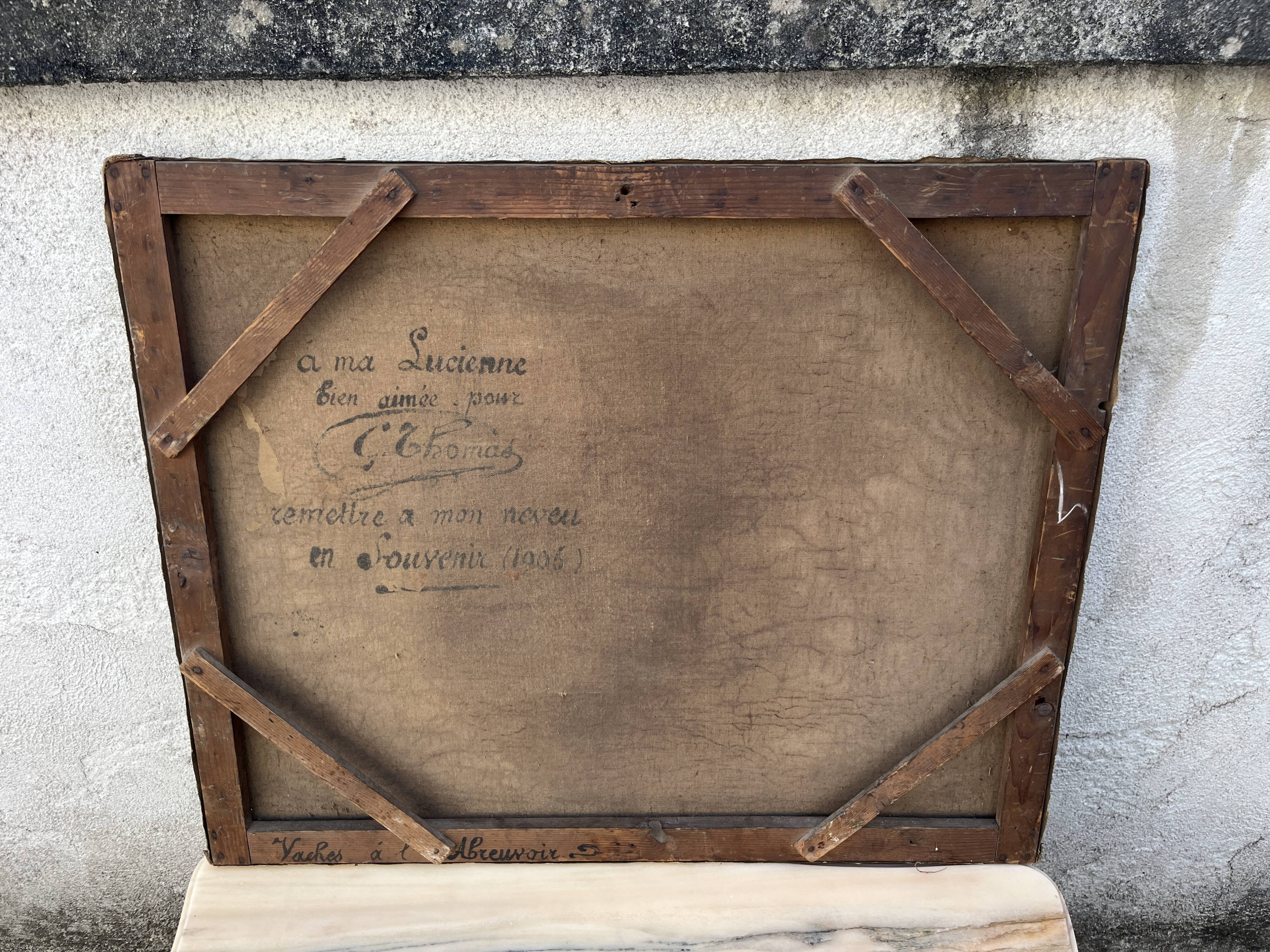 Old painting signed G. Thomas ? Cows at the watering place » (1906)